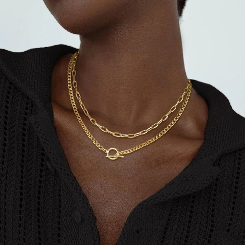 Layered Necklaces for Women 14K Gold Plated Cuban Chain Toggle Clasp Jewelry - Picture 2 of 8